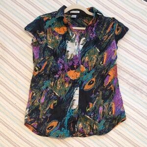 🌼Colorful Peacock Feather linen Print Blouse
